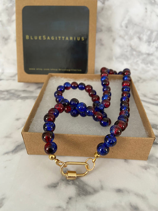 Dark blue & red crackle glass carabiner necklace with 8mm beads