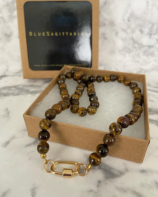 Brown Tiger’s eye gemstone carabiner necklace with 8mm round beads