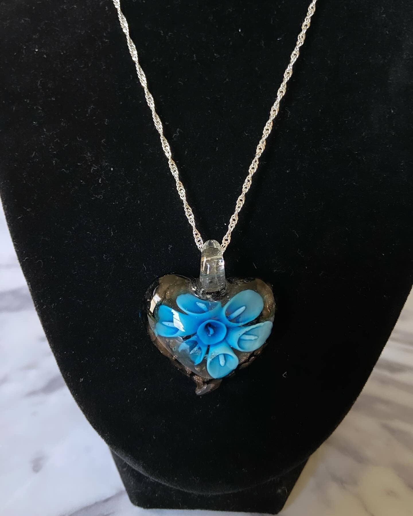 Large blue & black Murano style glass heart necklace