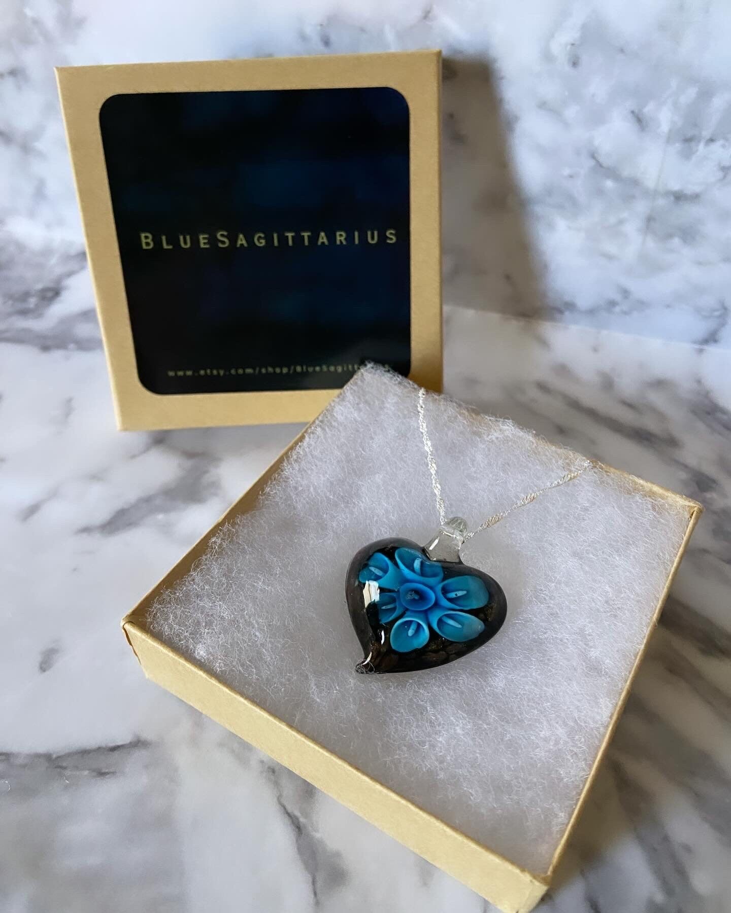 Large blue & black Murano style glass heart necklace