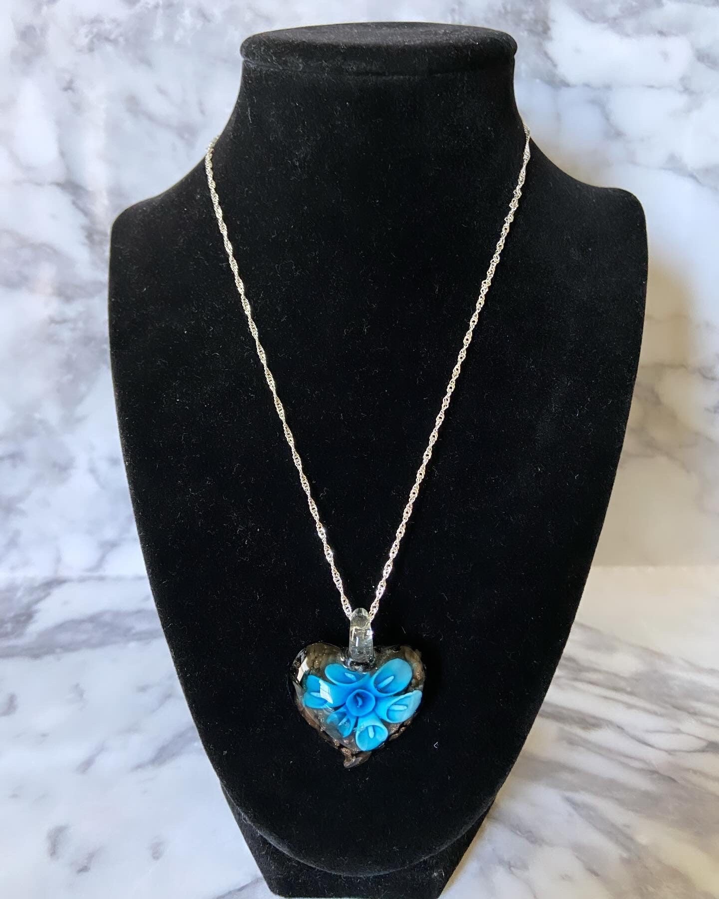 Large blue & black Murano style glass heart necklace