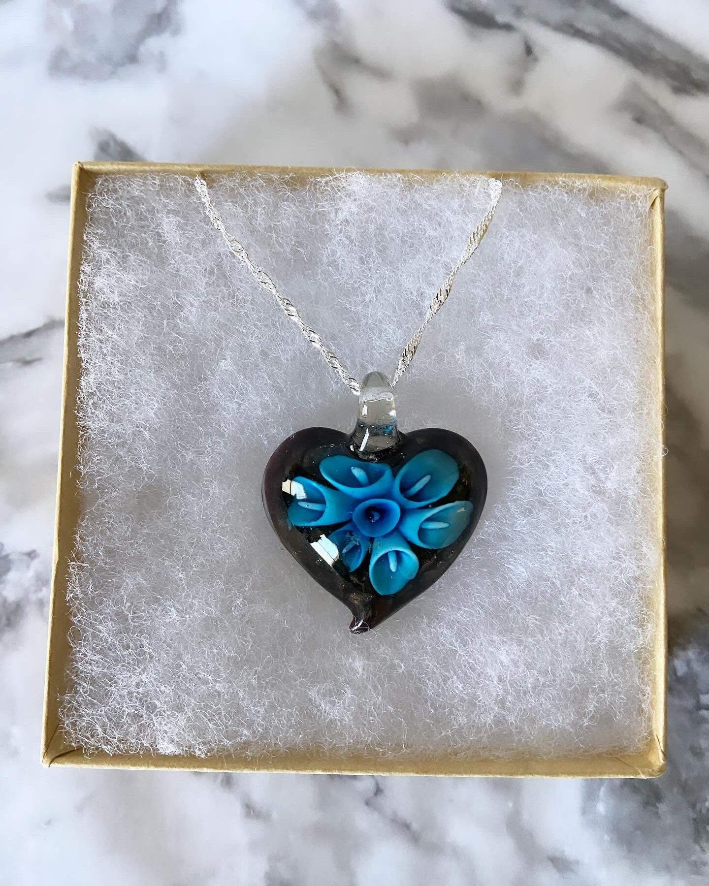 Large blue & black Murano style glass heart necklace