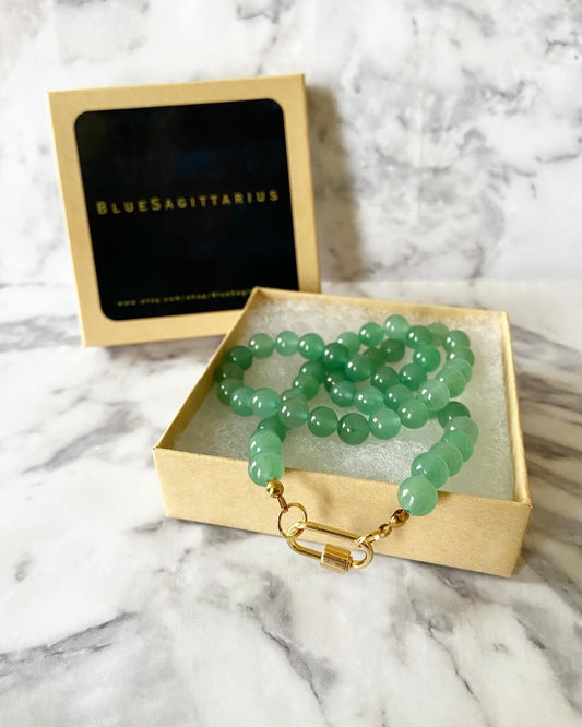 Aventurine green carabiner necklace with 8mm round beads