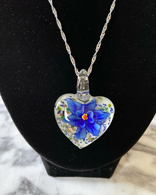 Large cobalt blue floral with gold glitter on white Murano style heart glass necklace