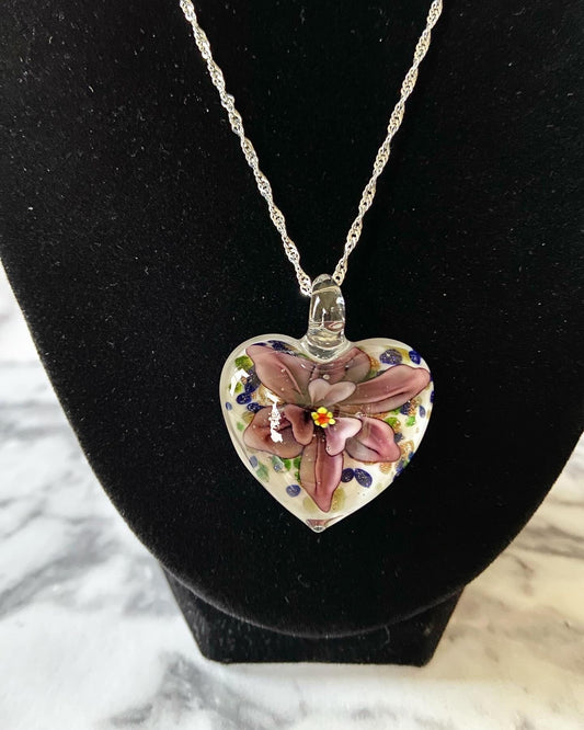 Large plum purple on white floral Murano style heart glass necklace