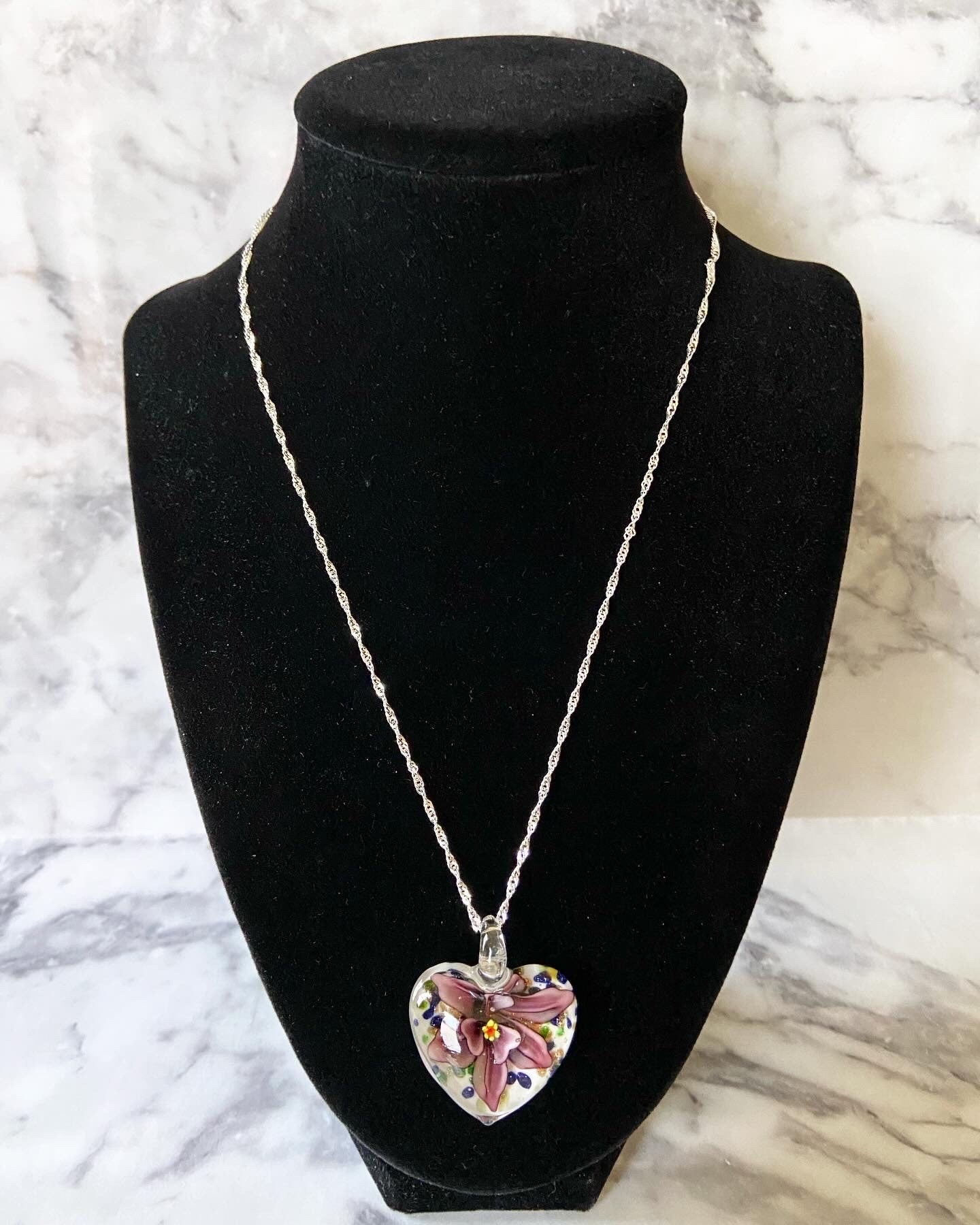 Large plum purple on white floral Murano style heart glass necklace