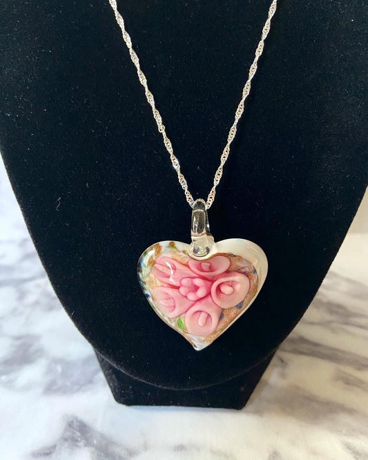 Large light pink calla lily floral with gold glitter on white Murano style heart glass necklace