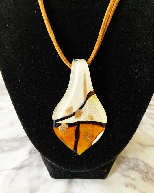 Caramel brown and cream with bronze glitter murano style glass teardrop necklace