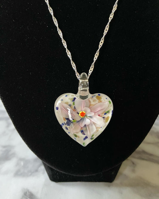 Large light pink floral with gold glitter on white Murano style heart glass necklace