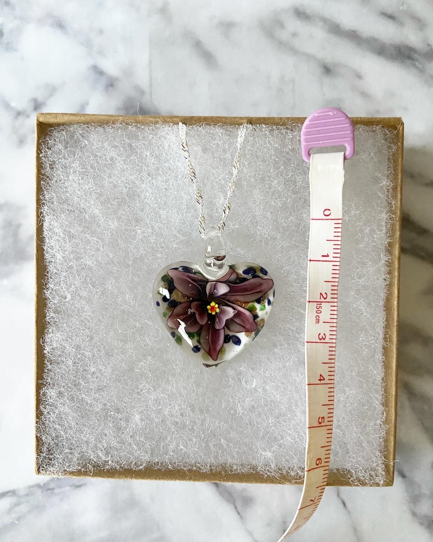 Large plum purple on white floral Murano style heart glass necklace