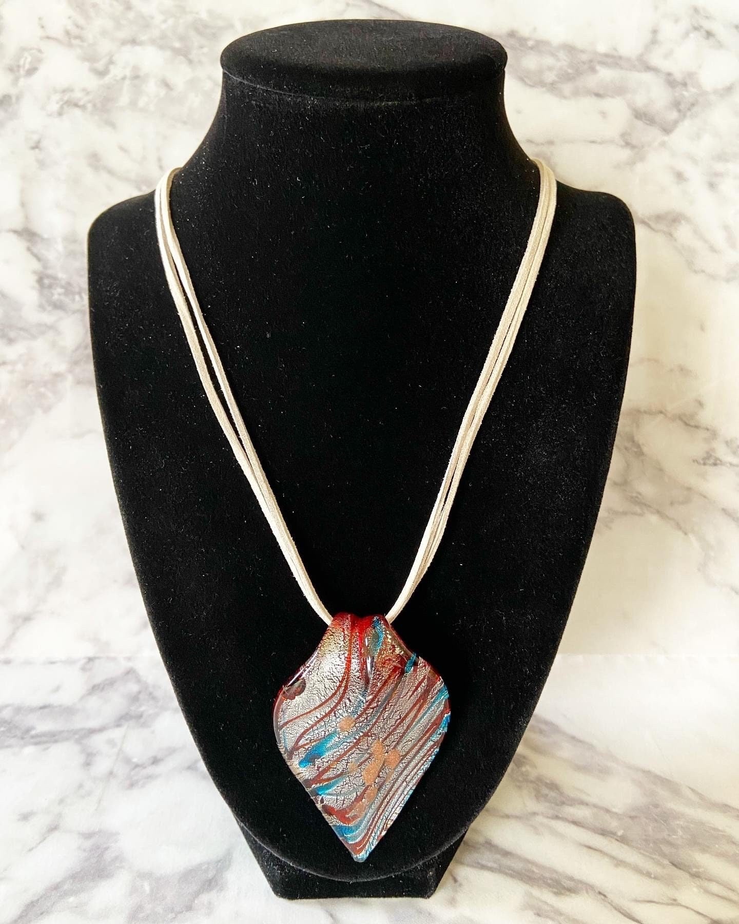 Large metallic red & blue stripes on silver with copper colored glitter spots necklace