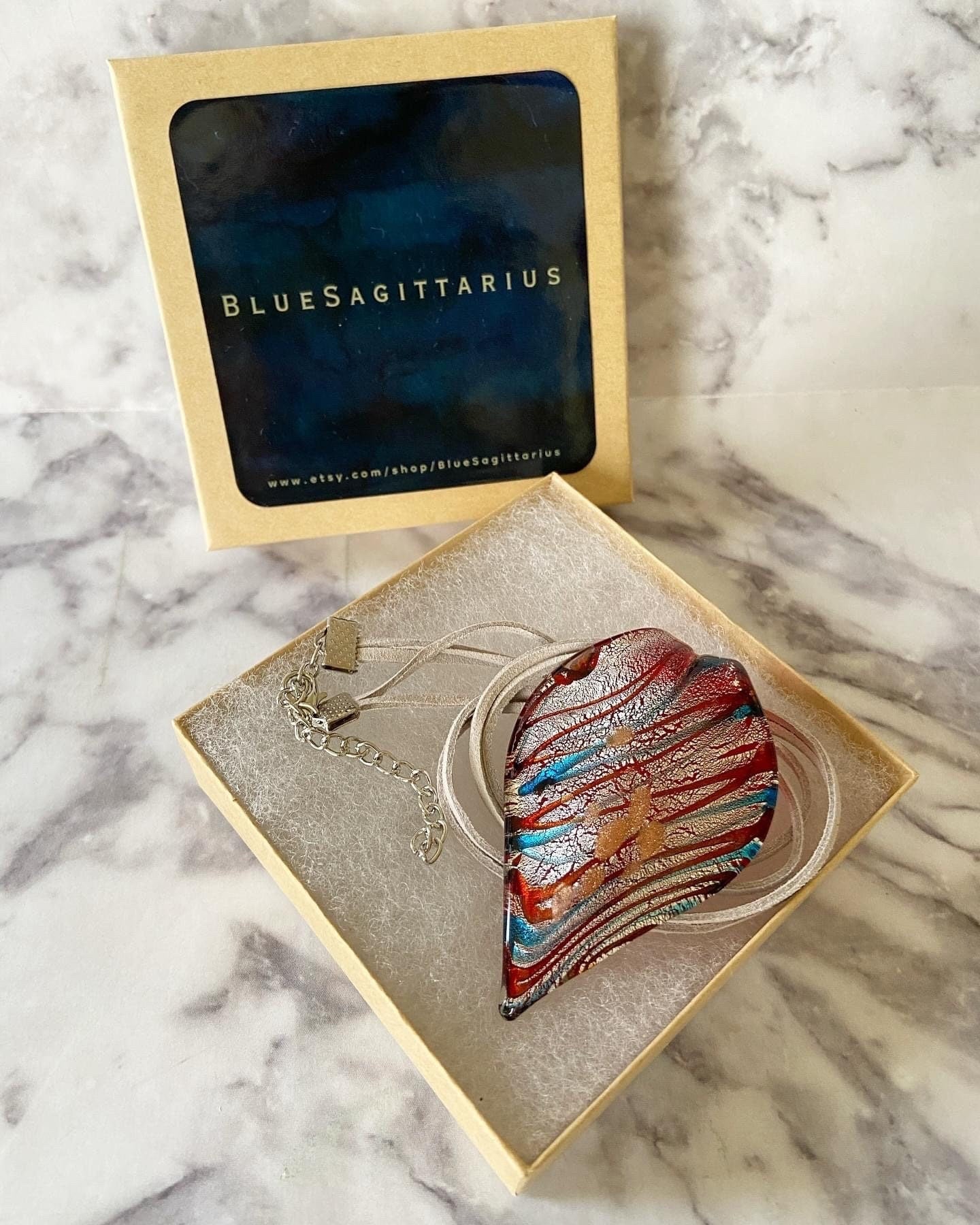 Large metallic red & blue stripes on silver with copper colored glitter spots necklace