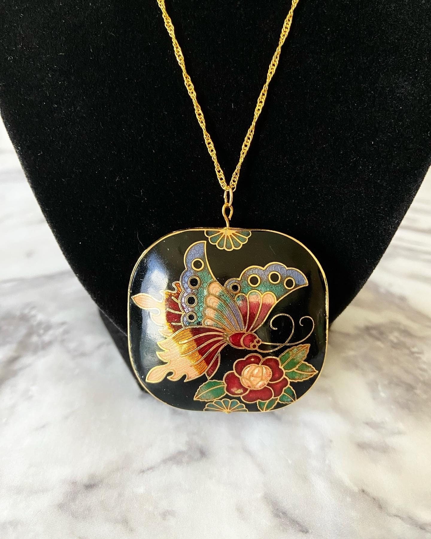 Vintage large black with puffy butterfly floral cloisonné enamel necklace