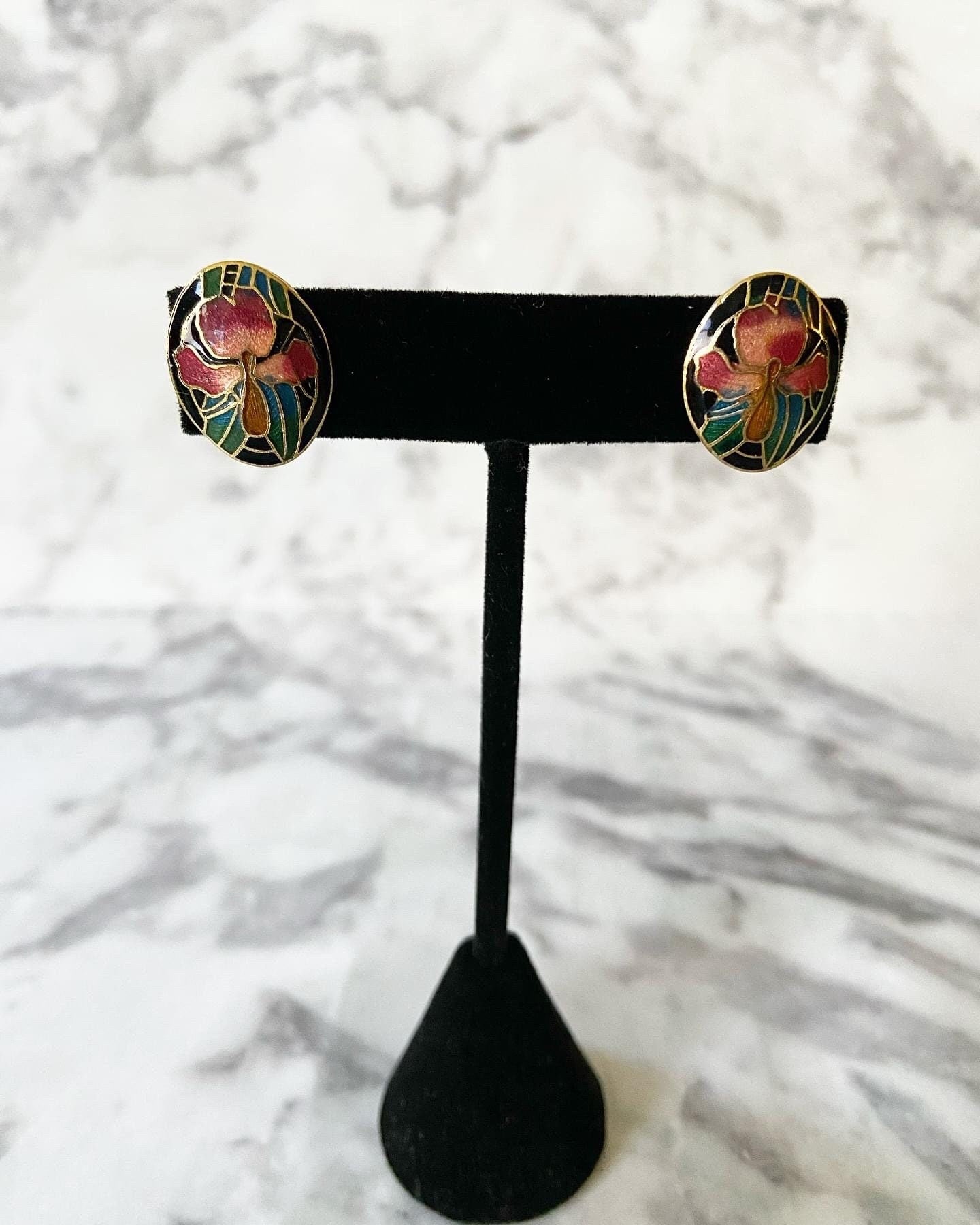 Vintage oval pink orchid flower leaves cloisonné enamel stud post/pierced earrings