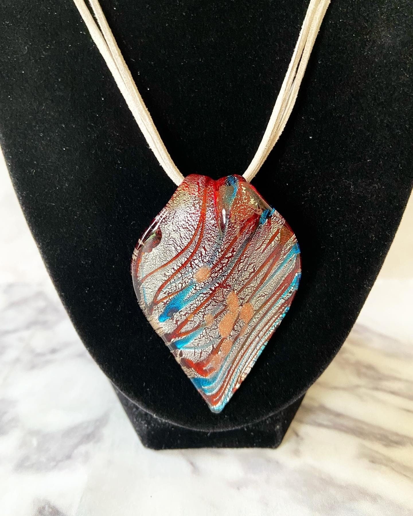 Large metallic red & blue stripes on silver with copper colored glitter spots necklace