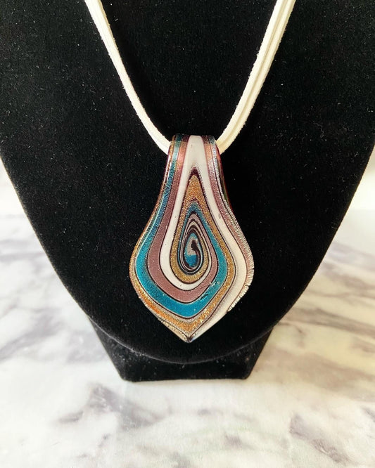 Large metallic white, teal, and lavender swirl with copper glitter murano style glass teardrop necklace