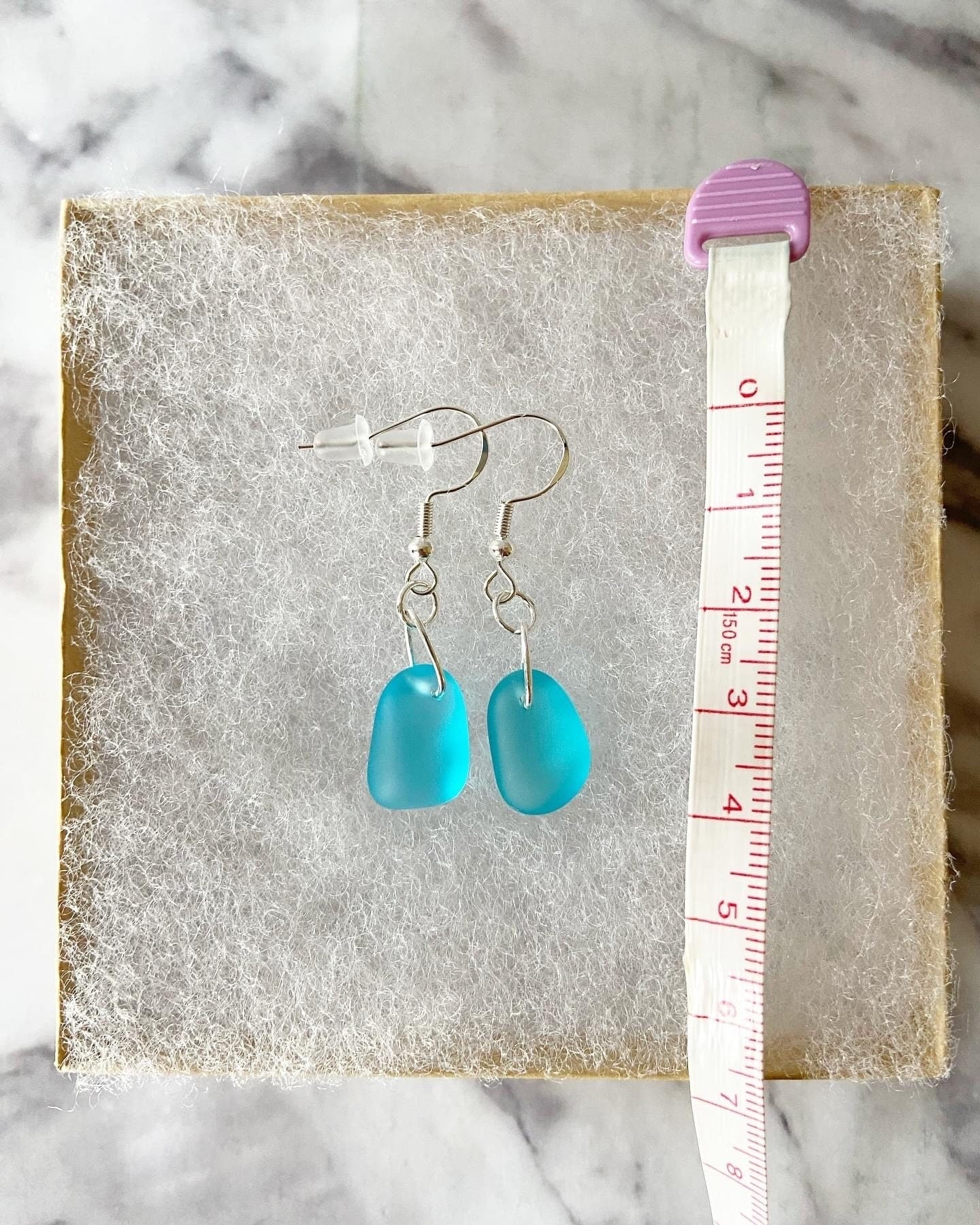 Teal recycled sea glass drop earrings with traditional hooks