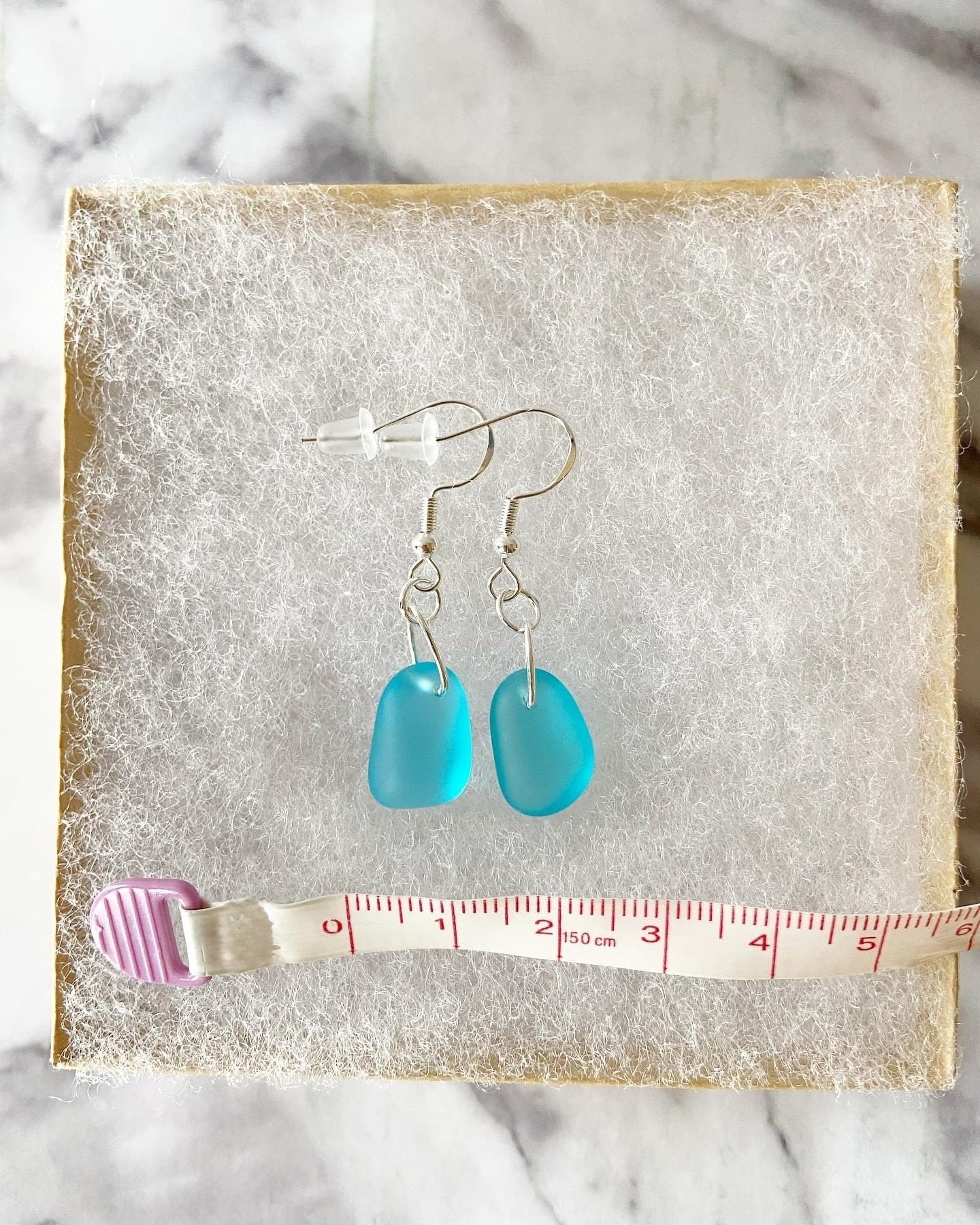 Teal recycled sea glass drop earrings with traditional hooks