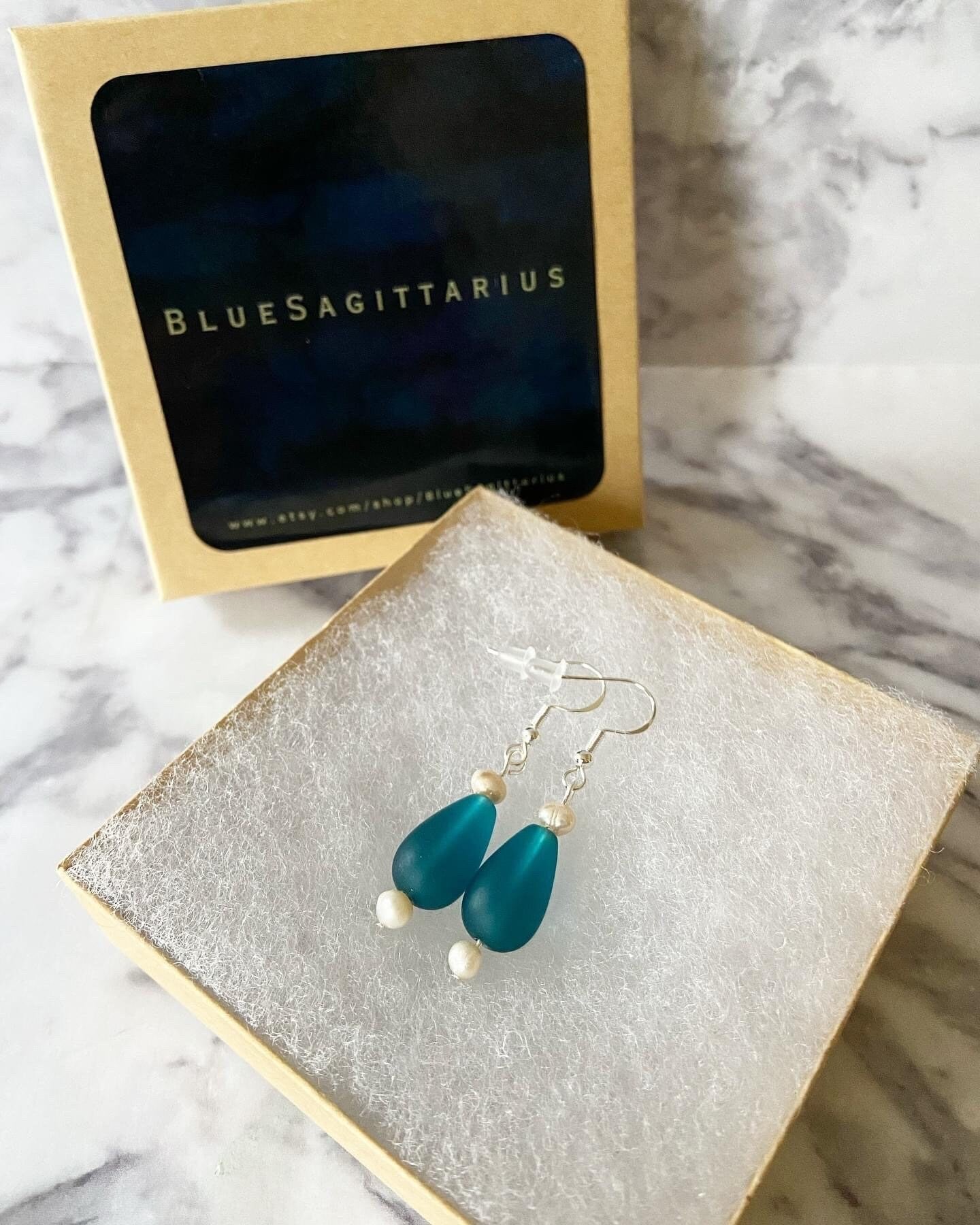 Dark teal teardrop recycled sea glass drop earrings with freshwater pearls