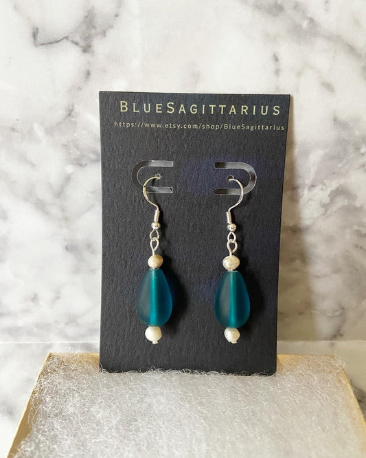 Dark teal teardrop recycled sea glass drop earrings with freshwater pearls