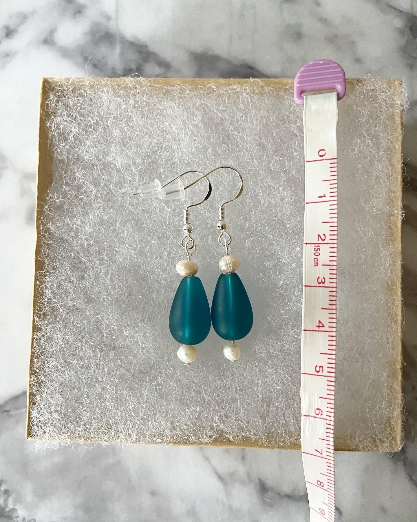 Dark teal teardrop recycled sea glass drop earrings with freshwater pearls