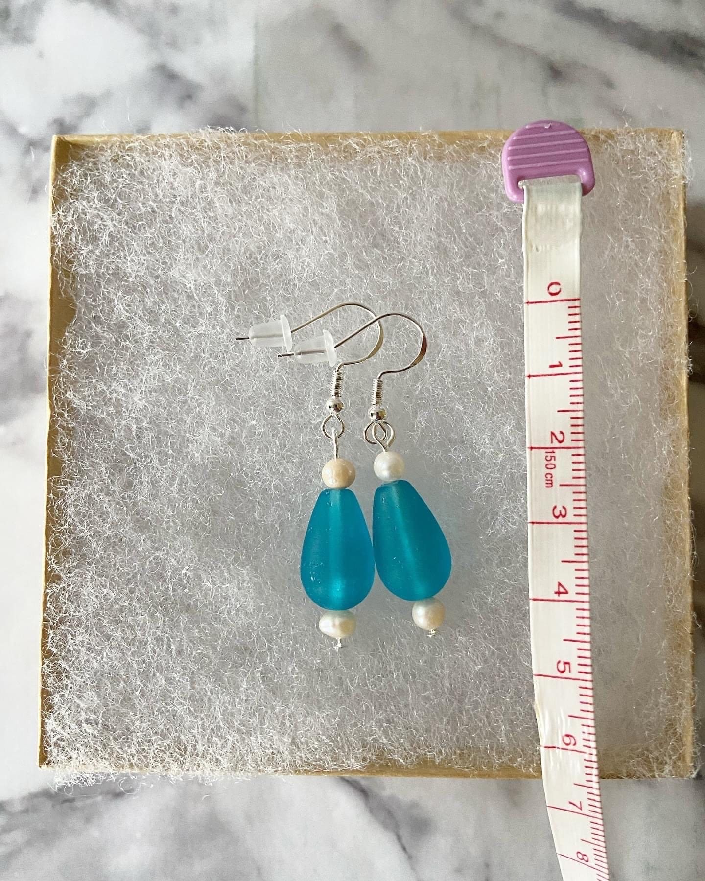 Teal teardrop recycled sea glass drop earrings with freshwater pearls