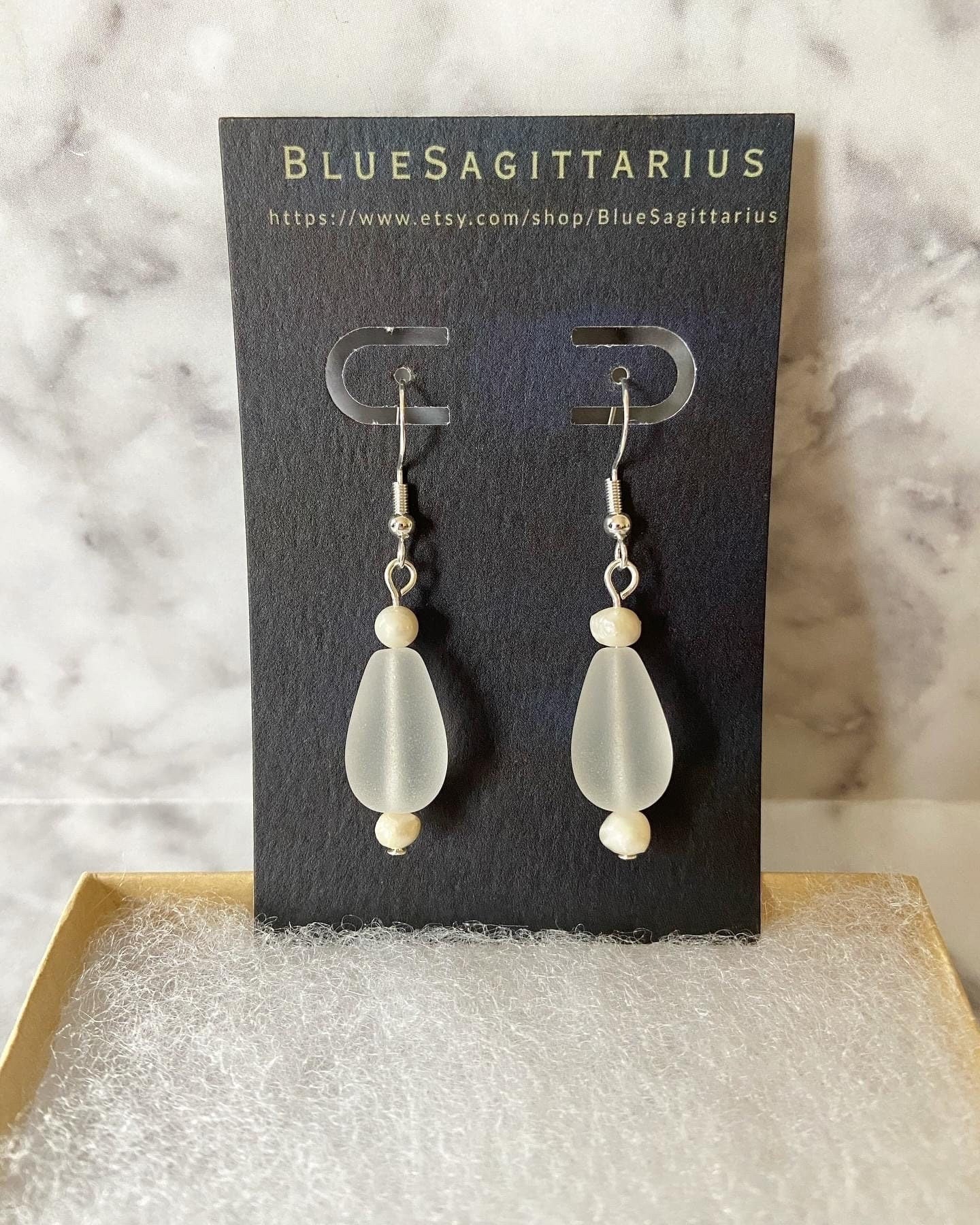 White teardrop recycled sea glass drop earrings with freshwater pearls