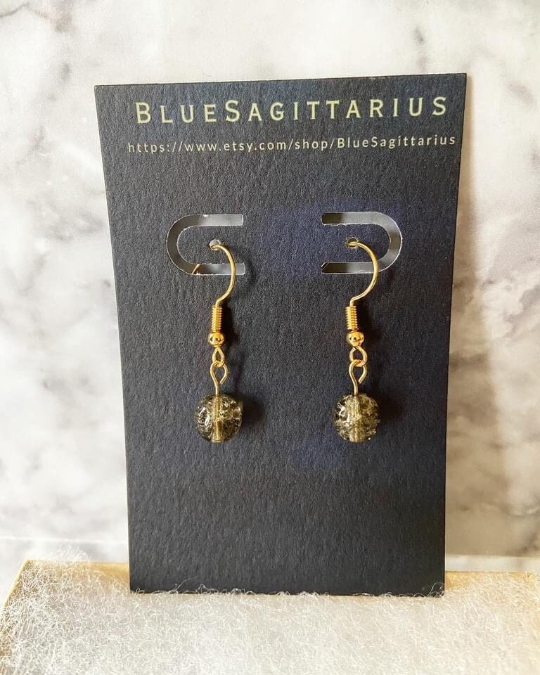 Smoky gray crackle Czech glass drop earrings with 18K gold plated hooks