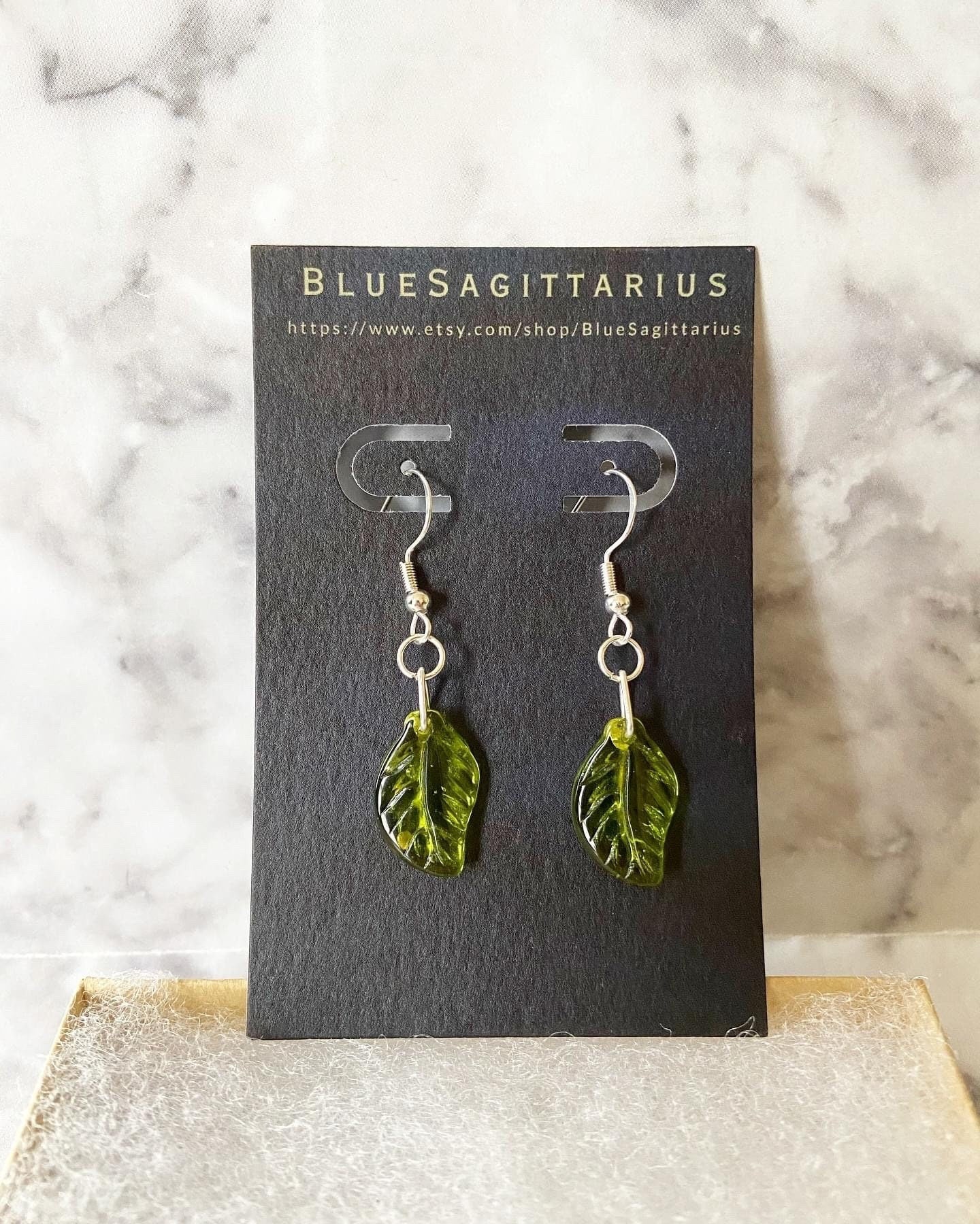 Green leaf glass drop earrings