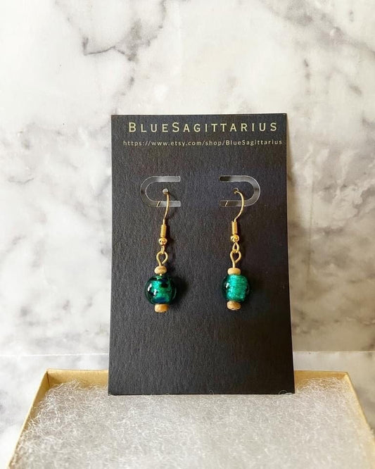 Greenish-blue glass & wood drop earrings with 18K gold plated hooks