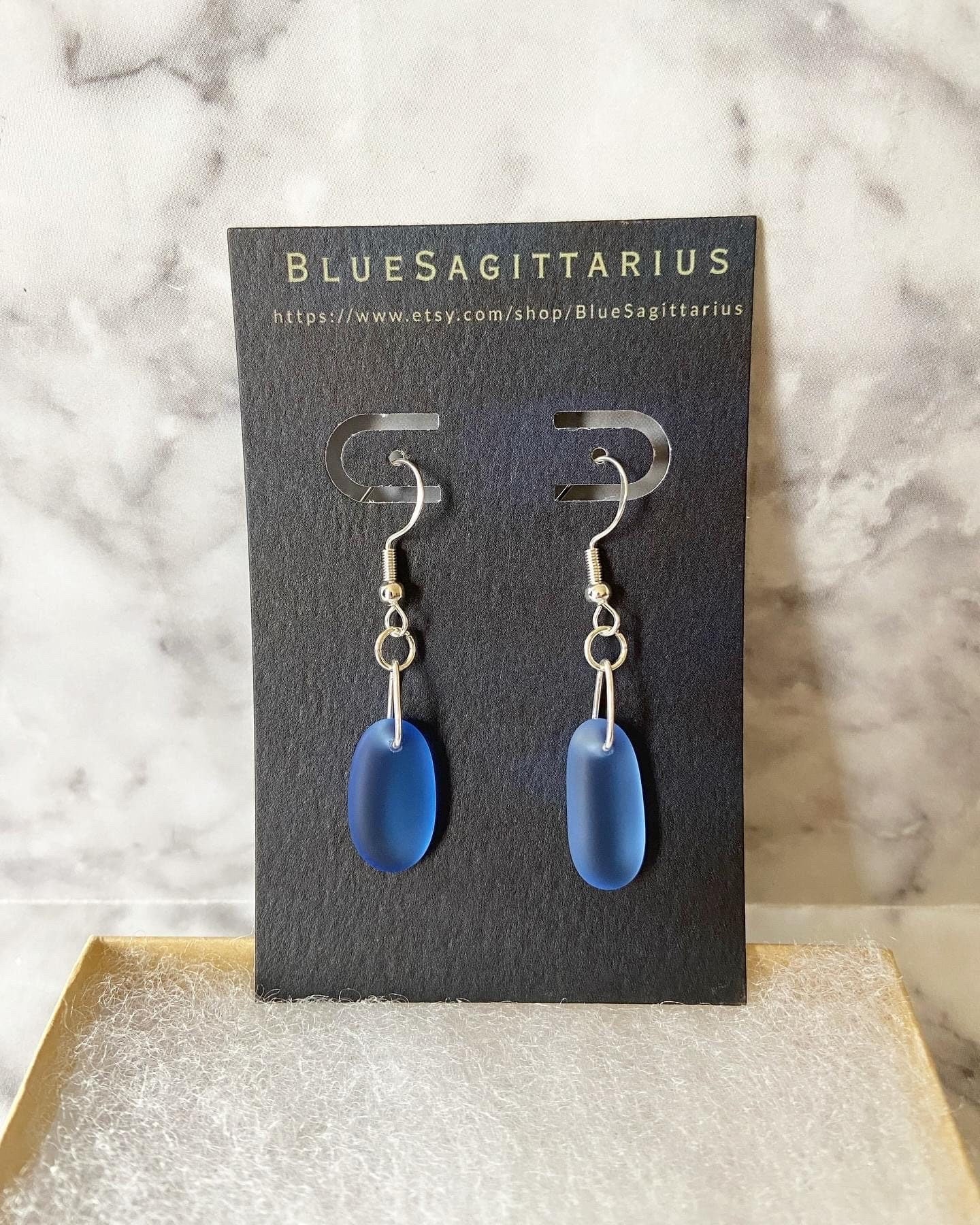 Blue recycled sea glass drop earrings with traditional hooks