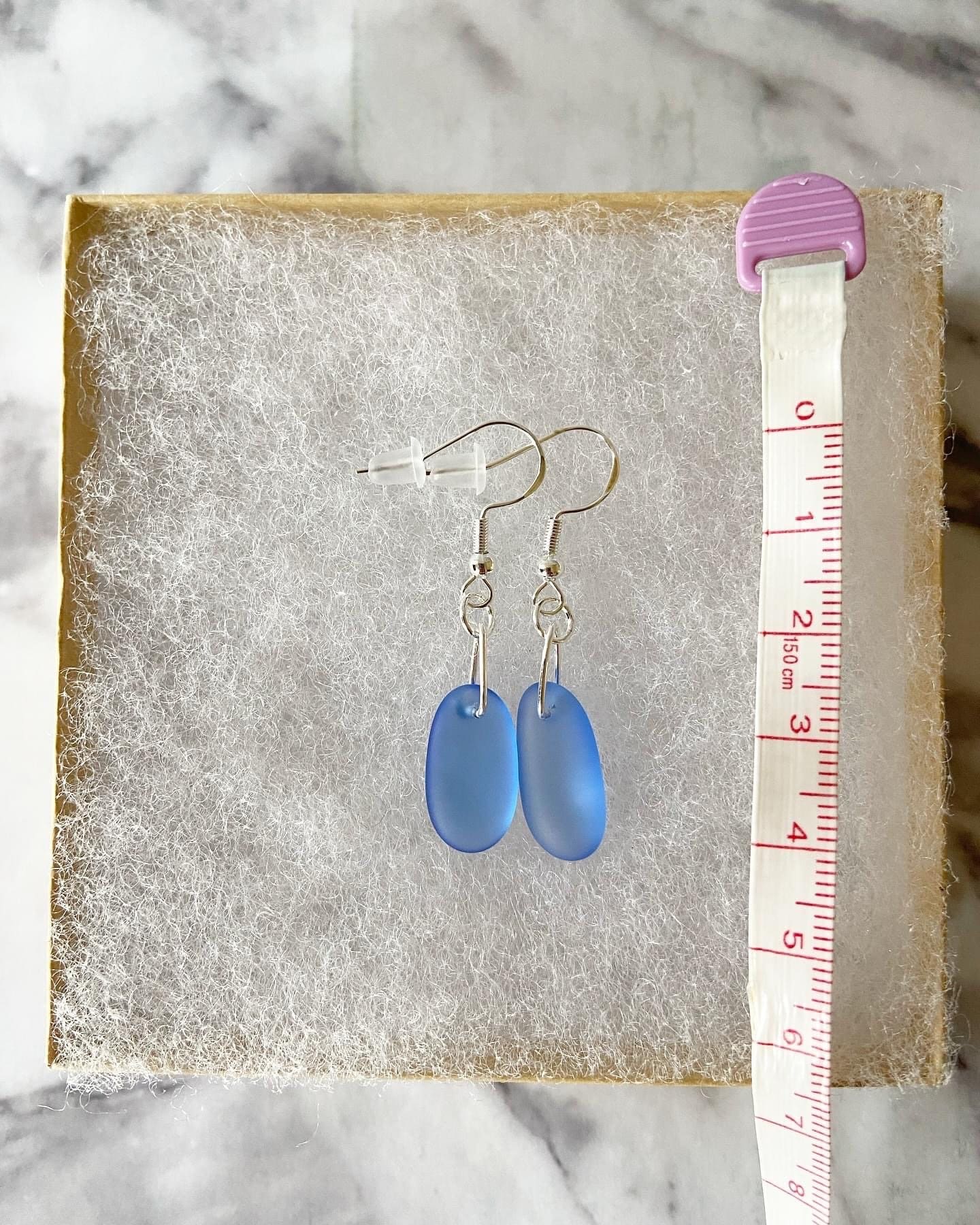 Blue recycled sea glass drop earrings with traditional hooks