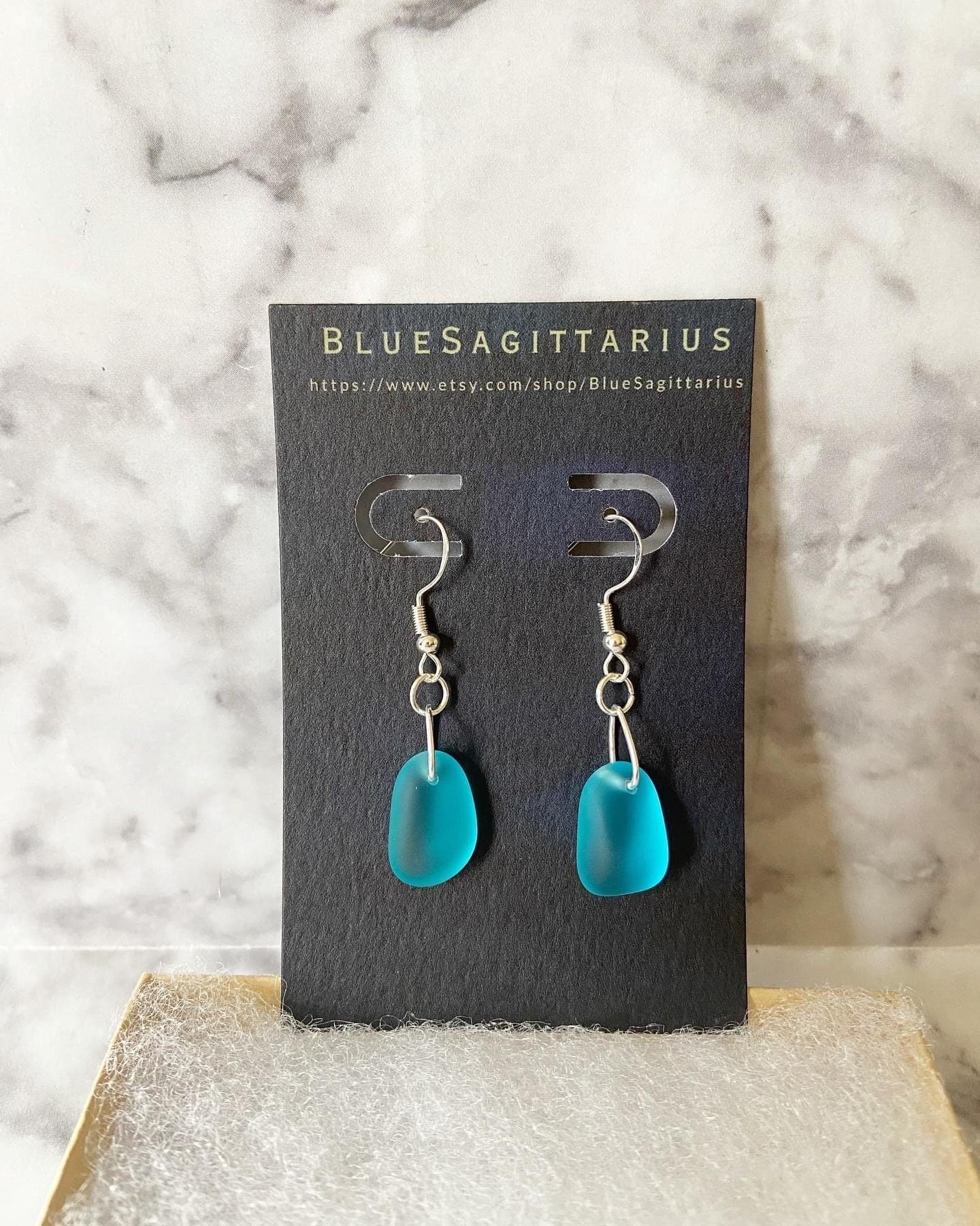 Teal recycled sea glass drop earrings with traditional hooks