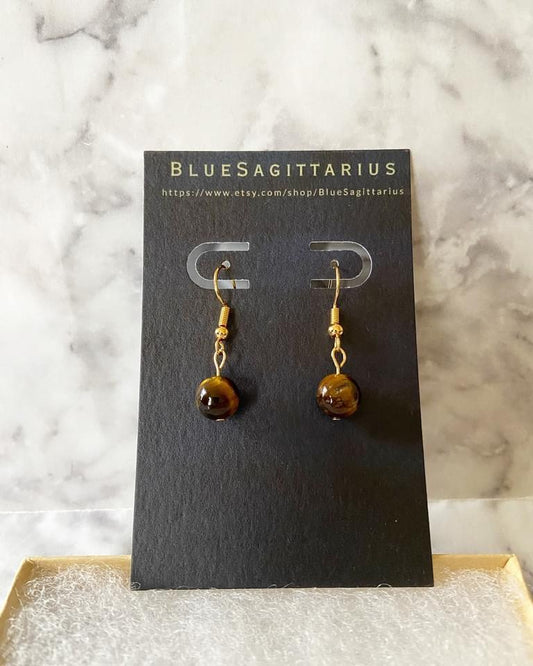 Brown tiger’s eye gemstone drop earrings with 8mm beads and 18K gold plated traditional hooks