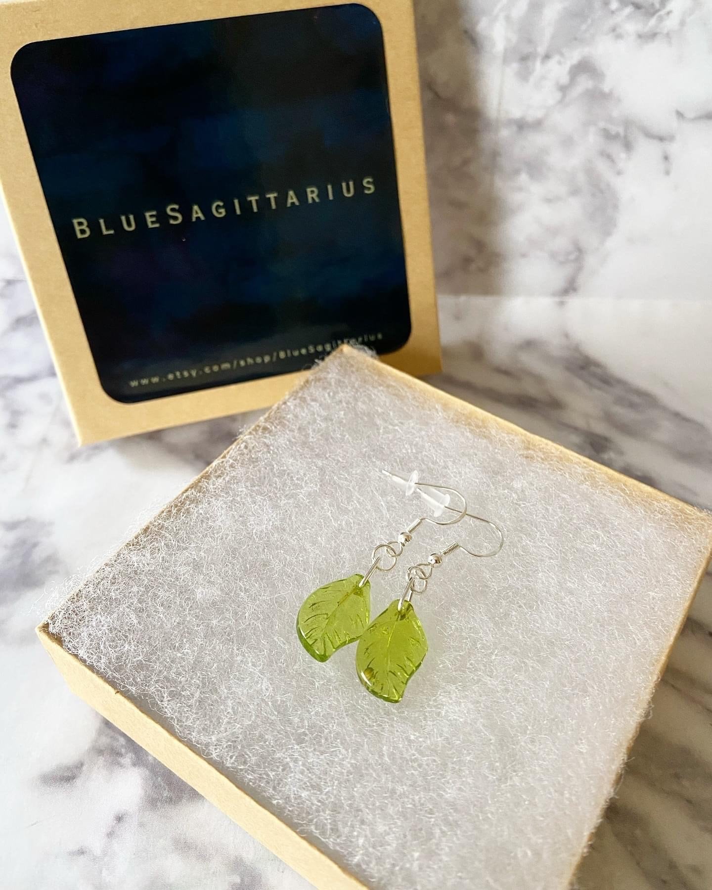 Green leaf glass drop earrings