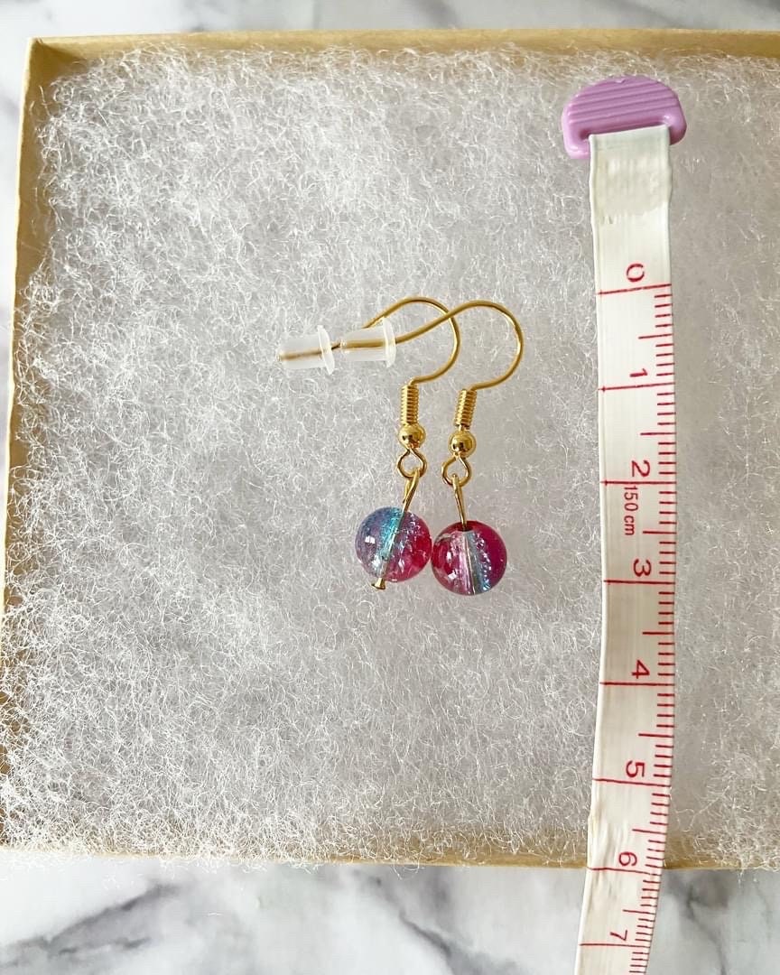 Light red and blue crackle glass drop earrings with 18K gold plated hooks