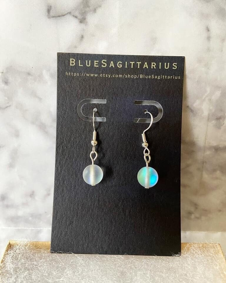 White moonlight matte mystic aura quartz (synthetic moonstone) drop earrings