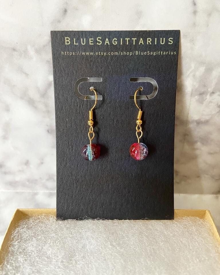 Light red and blue crackle glass drop earrings with 18K gold plated hooks