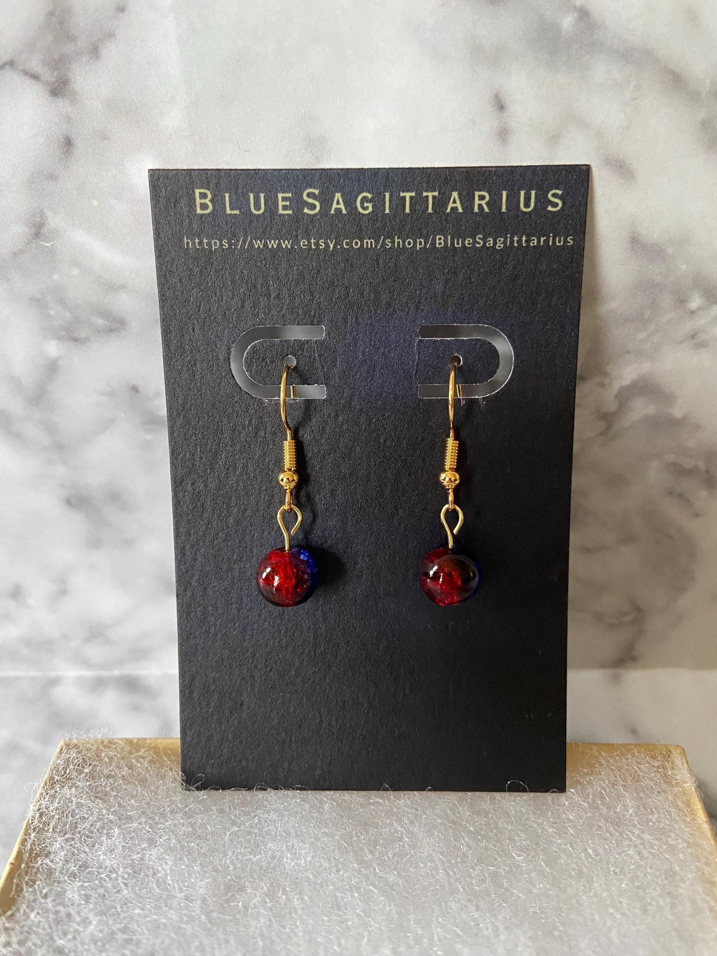 Dark blue and red crackle glass drop earrings with 18K gold plated hooks