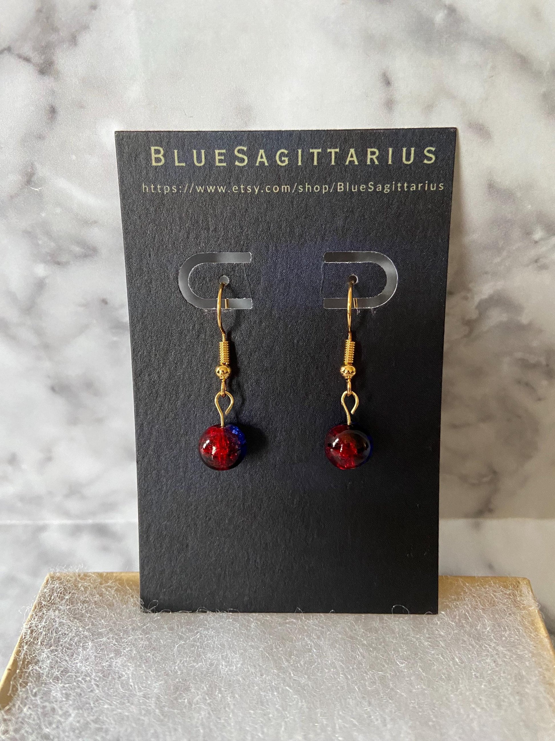 Dark blue and red crackle glass drop earrings with 18K gold plated hooks