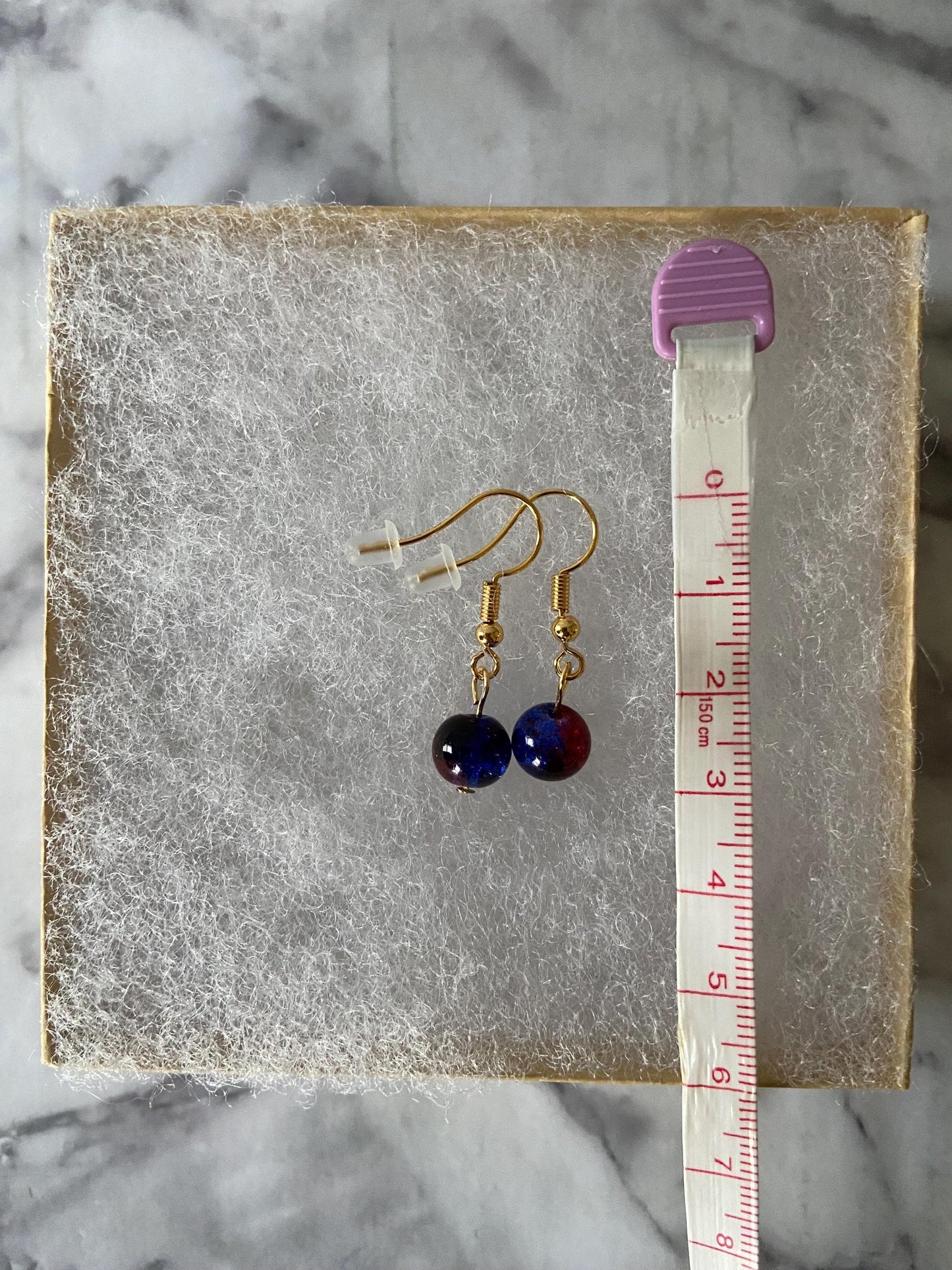 Dark blue and red crackle glass drop earrings with 18K gold plated hooks