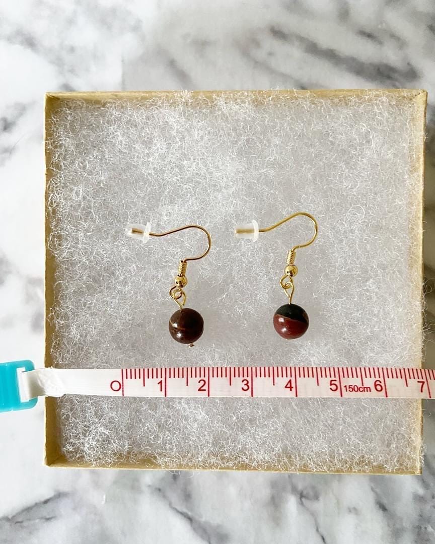 Red creek jasper gemstone drop earrings with 8mm beads and 18K gold plated traditional hooks