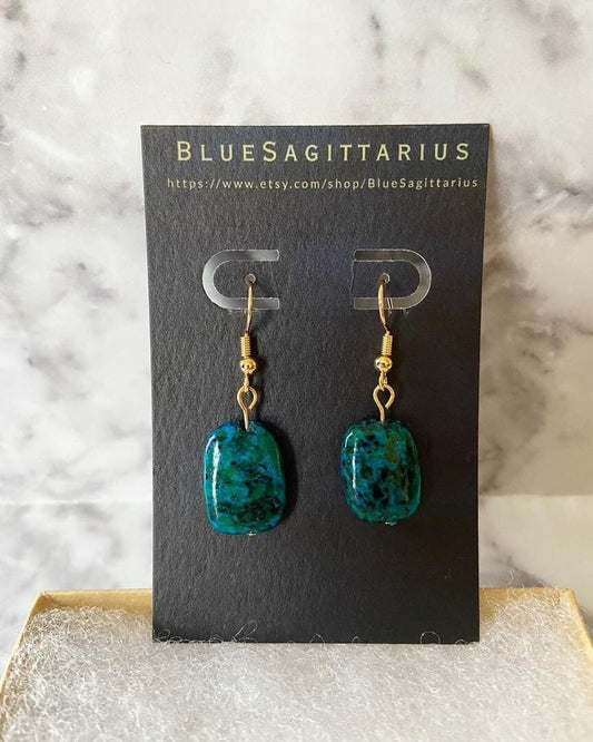 Blue-green chrysocolla drop earrings with 18K gold plated traditional hooks