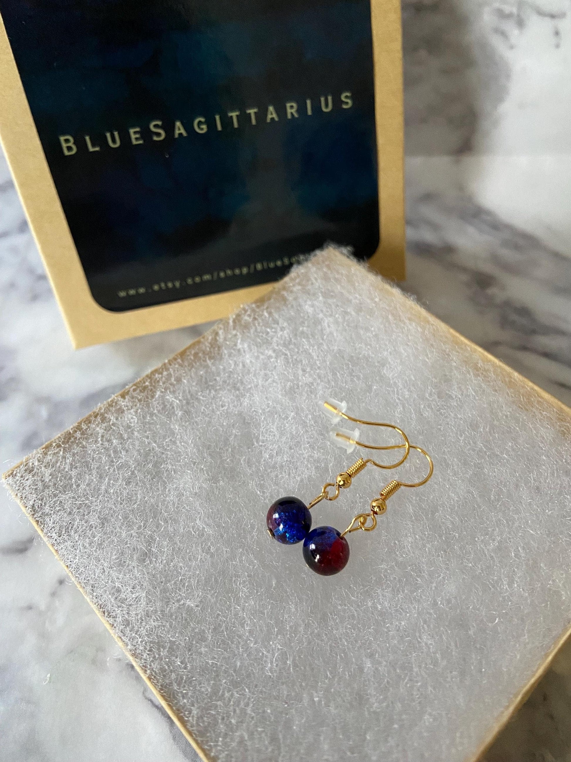 Dark blue and red crackle glass drop earrings with 18K gold plated hooks