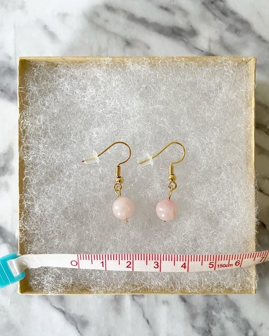 Rose quartz drop earrings with 8mm round beads on 18K gold plated traditional hooks