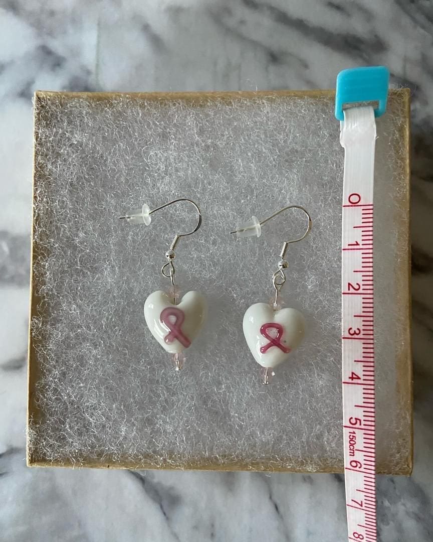 White and pink breast cancer awareness lampwork heart glass drop earrings with light pink crystals on sterling silver traditional hooks