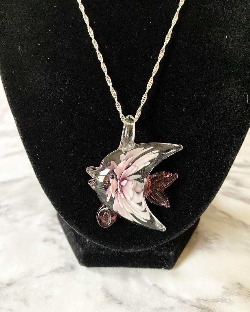 Purple murano style glass angelfish necklace