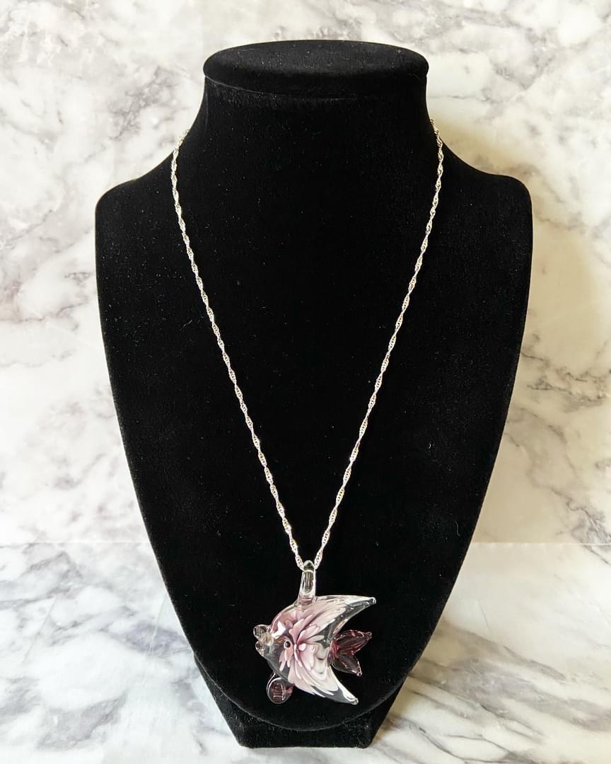 Purple murano style glass angelfish necklace