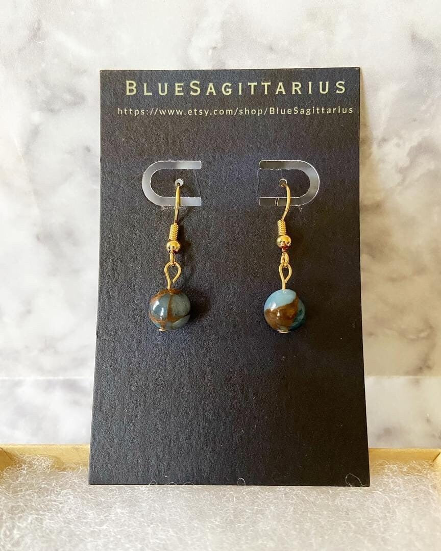 Lighter blue sapphire in AAA grade quartz with pyrite gemstone drop earrings with 8mm beads and 18K gold plated traditional hooks