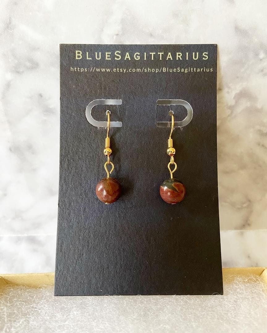 Red creek jasper gemstone drop earrings with 8mm beads and 18K gold plated traditional hooks